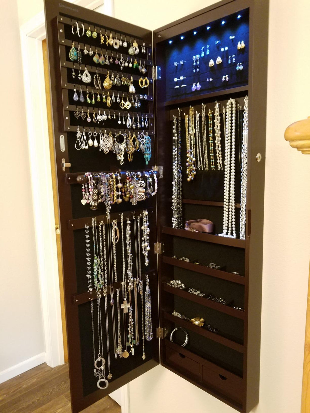 6 LEDs Jewelry Cabinet, Lockable Wall/Door Mounted Jewelry Armoire Organizer with Mirror and 2 Drawers