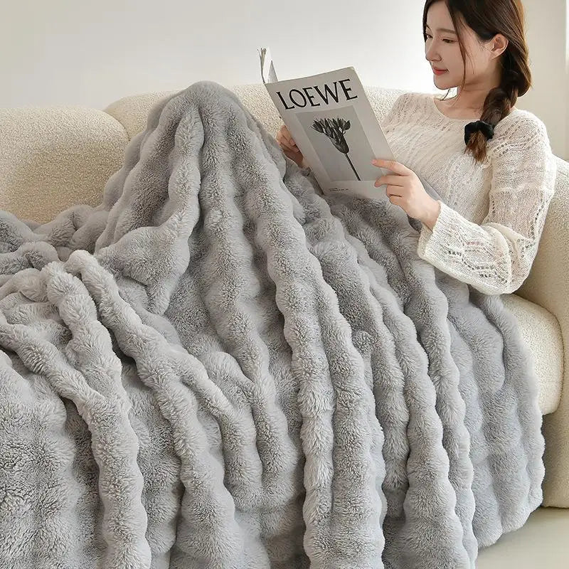Faux Rabbit Fur Plush Blanket – Cozy Double-Sided Throw for Sofa & Bed