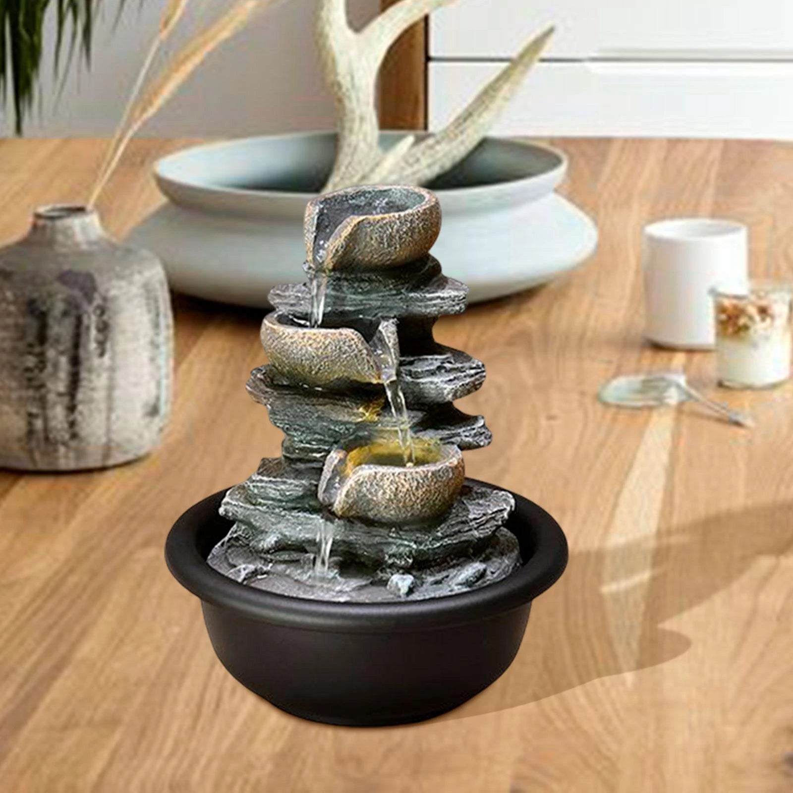 Tiered Meditation Waterfall Fountain with Scene Light
