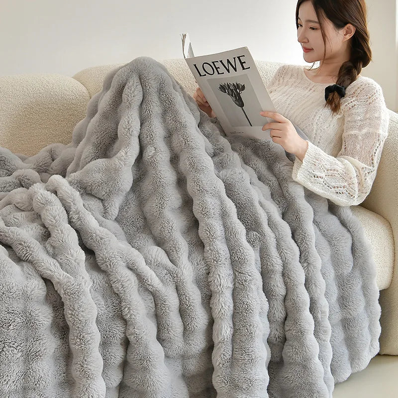 Faux Rabbit Fur Plush Blanket – Cozy Double-Sided Throw for Sofa & Bed