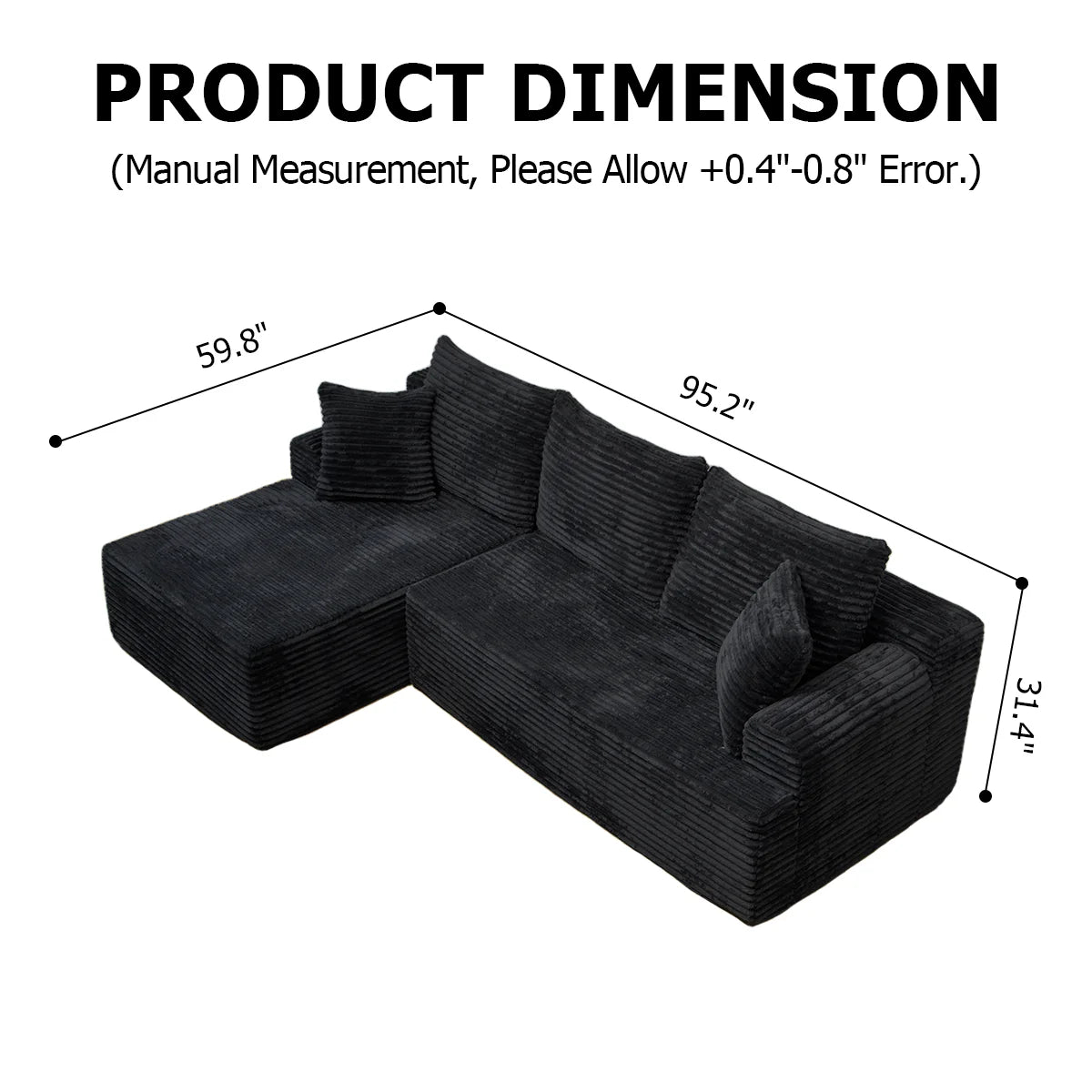 95" L-Shaped Sofa Chaise – Ultra Soft Rabbit Fleece, No Assembly Required