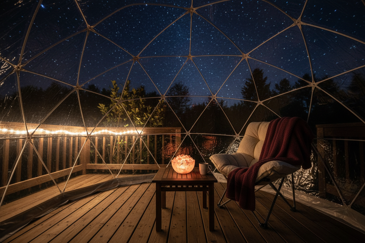 Dimmable pink Himalayan salt lamp bowl glowing warmly inside a transparent bubble tent on a back deck with an oversized heated chair under the stars