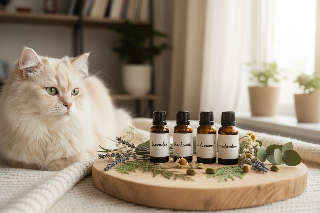 Essential oils with fluffy cat