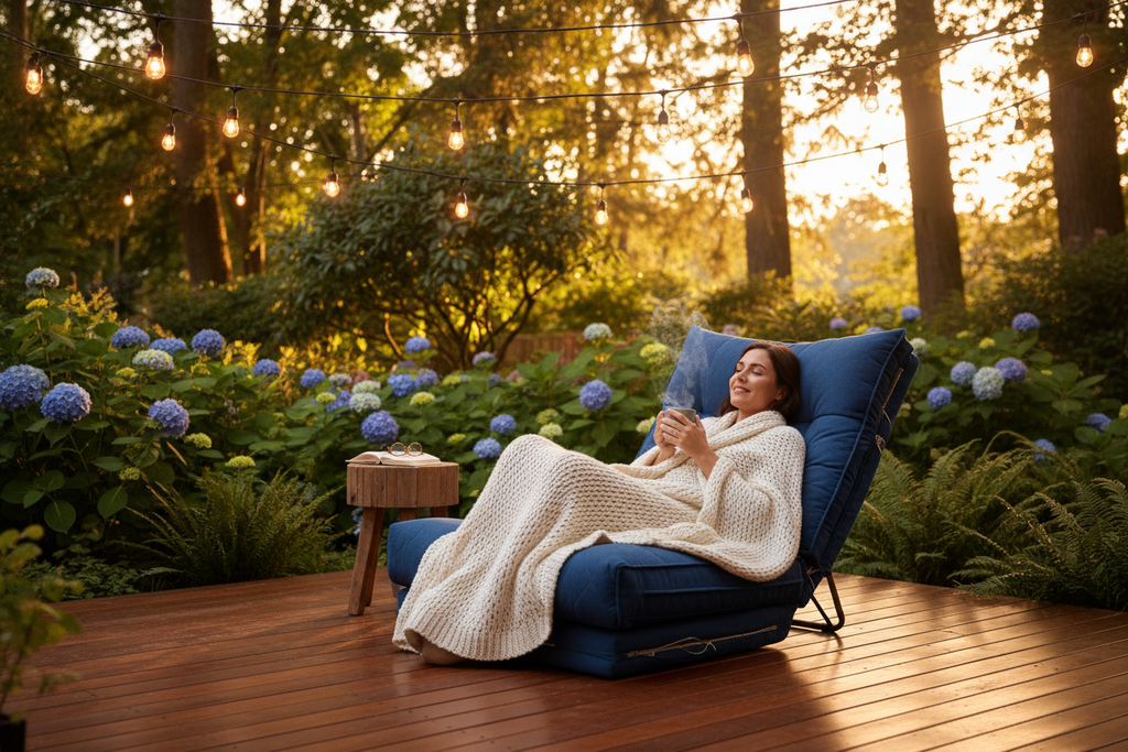 Person relaxing in heated chair on backyard deck