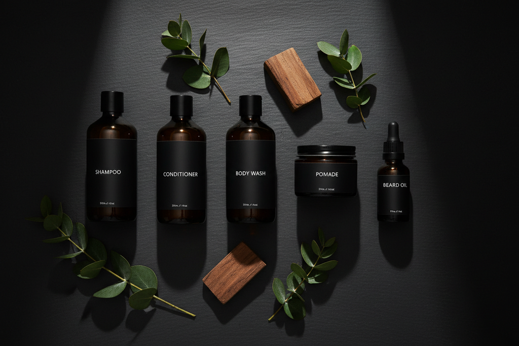 The Distinguished Omega Set - premium organic men's grooming kit flat lay