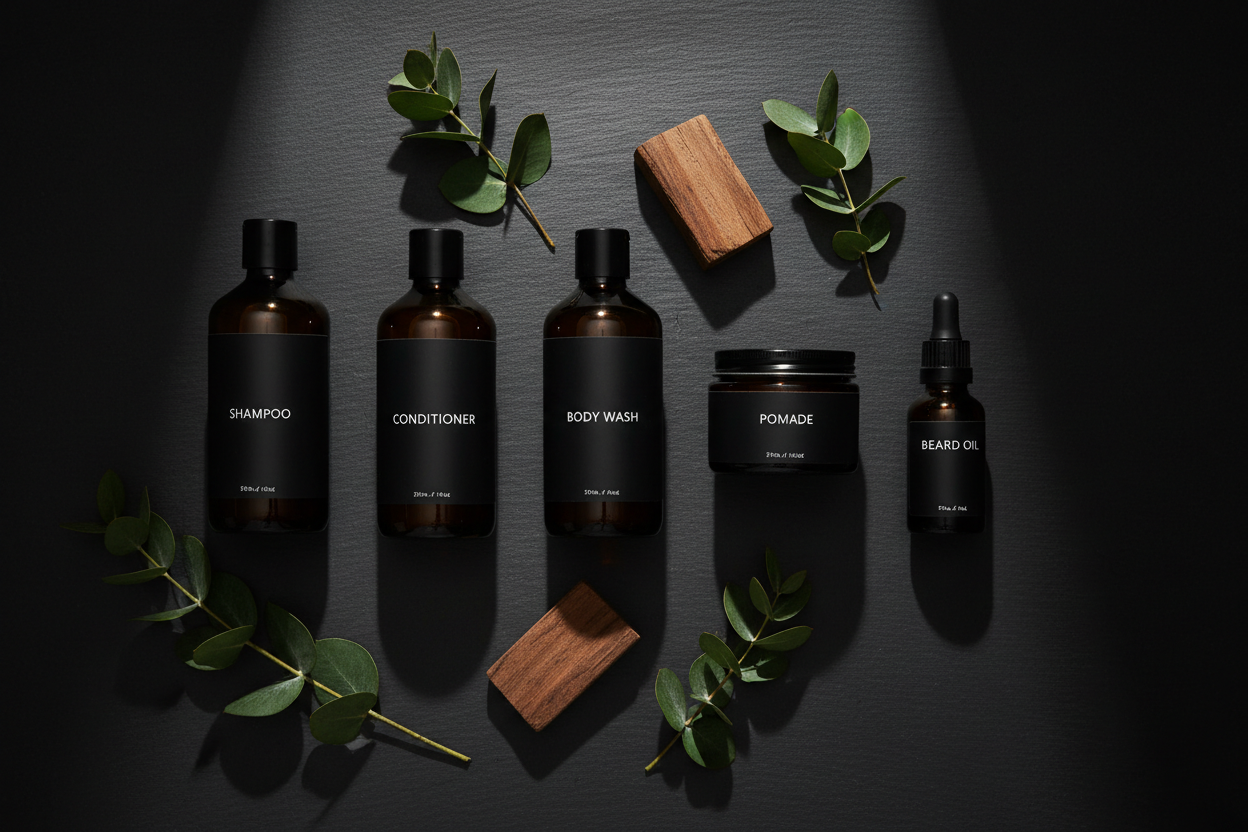 The Distinguished Omega Set - premium organic men's grooming kit flat lay