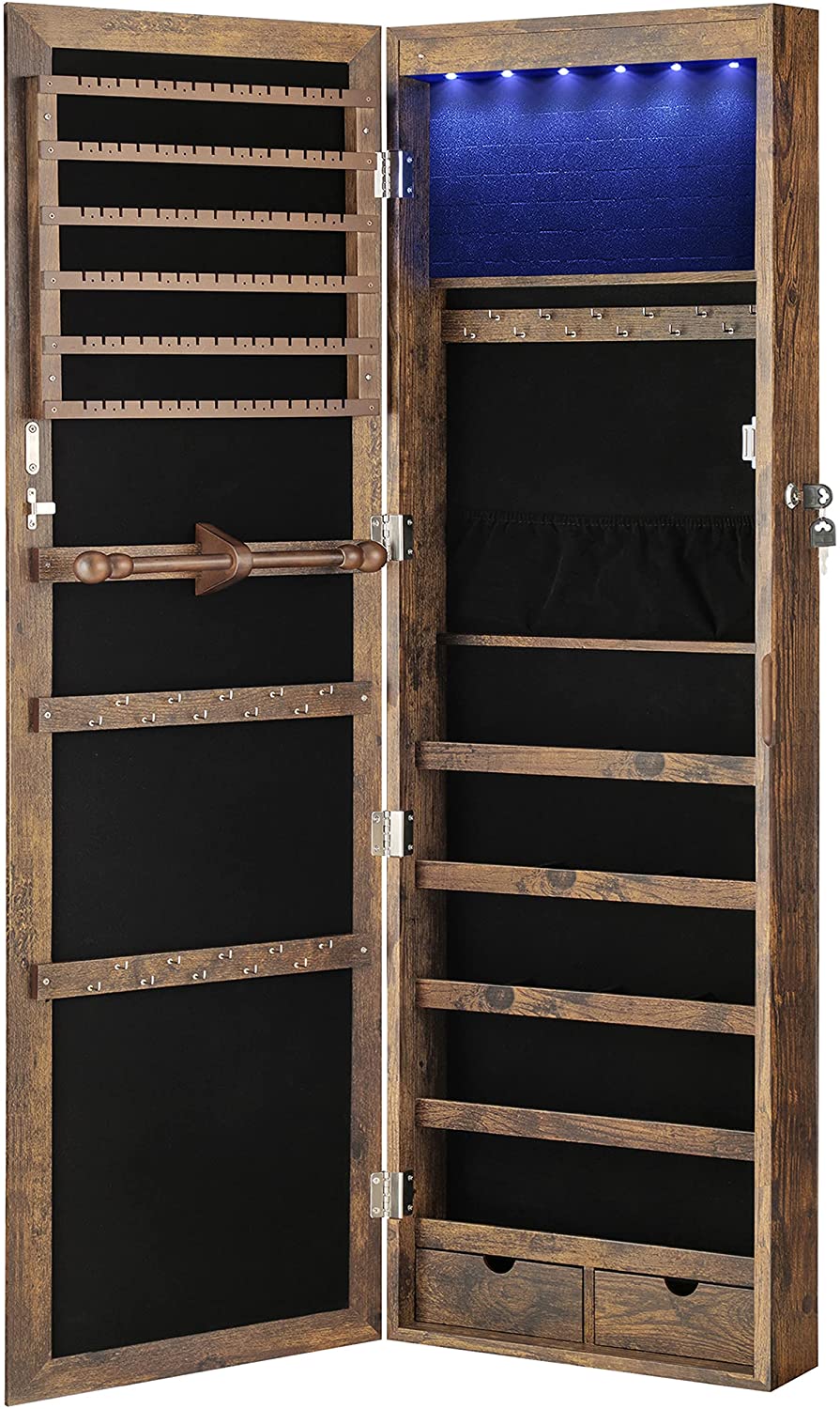 6 LEDs Jewelry Cabinet, Lockable Wall/Door Mounted Jewelry Armoire Organizer with Mirror and 2 Drawers - The Uplift Shop