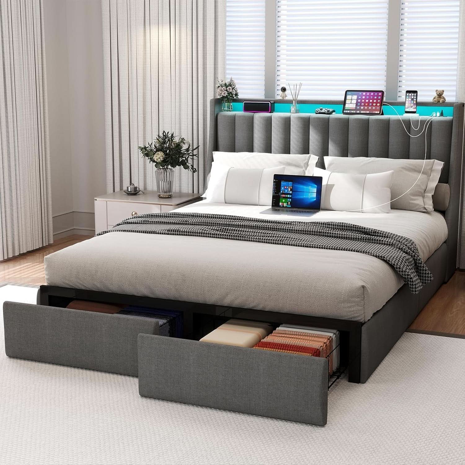 Queen Bed Frame With LED Lights And Storage Drawers - The Uplift Shop