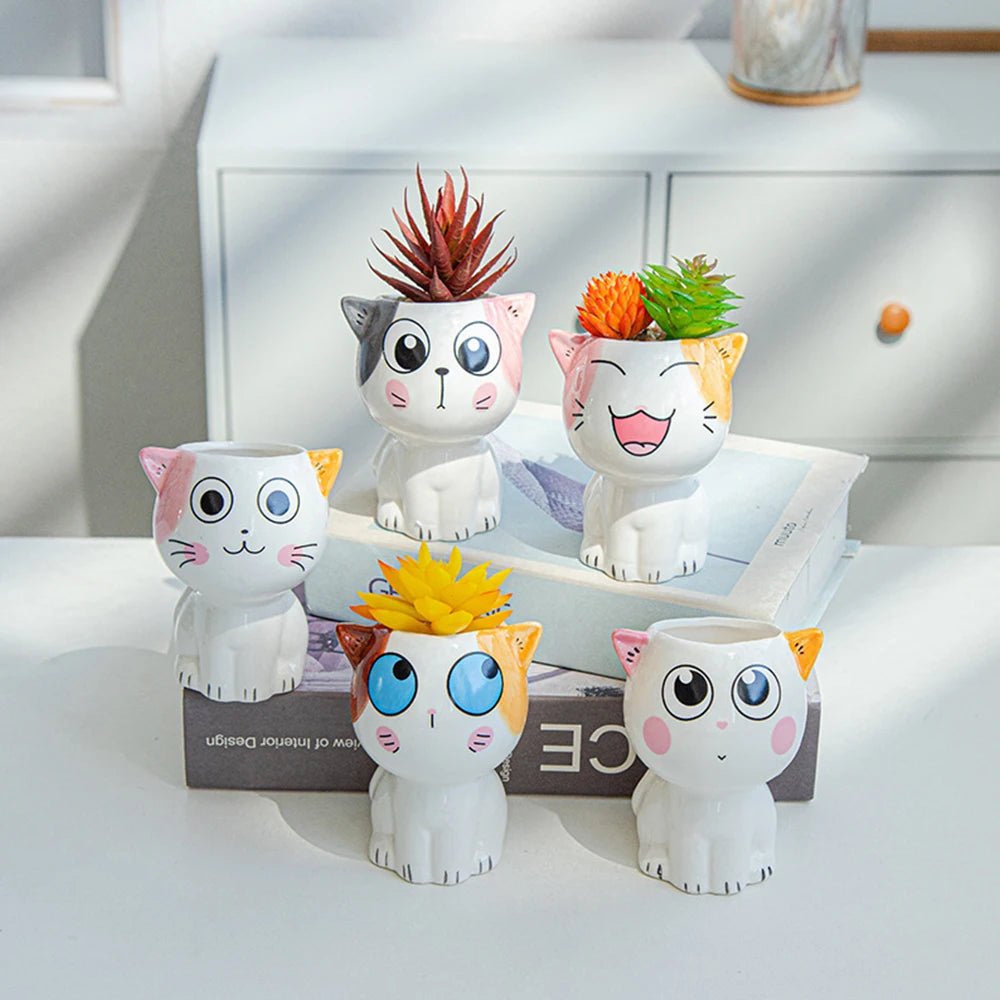 Cute Cat Ceramic Planter – Cartoon Animal Succulent Pot for Desk & Home Decor - The Uplift Shop