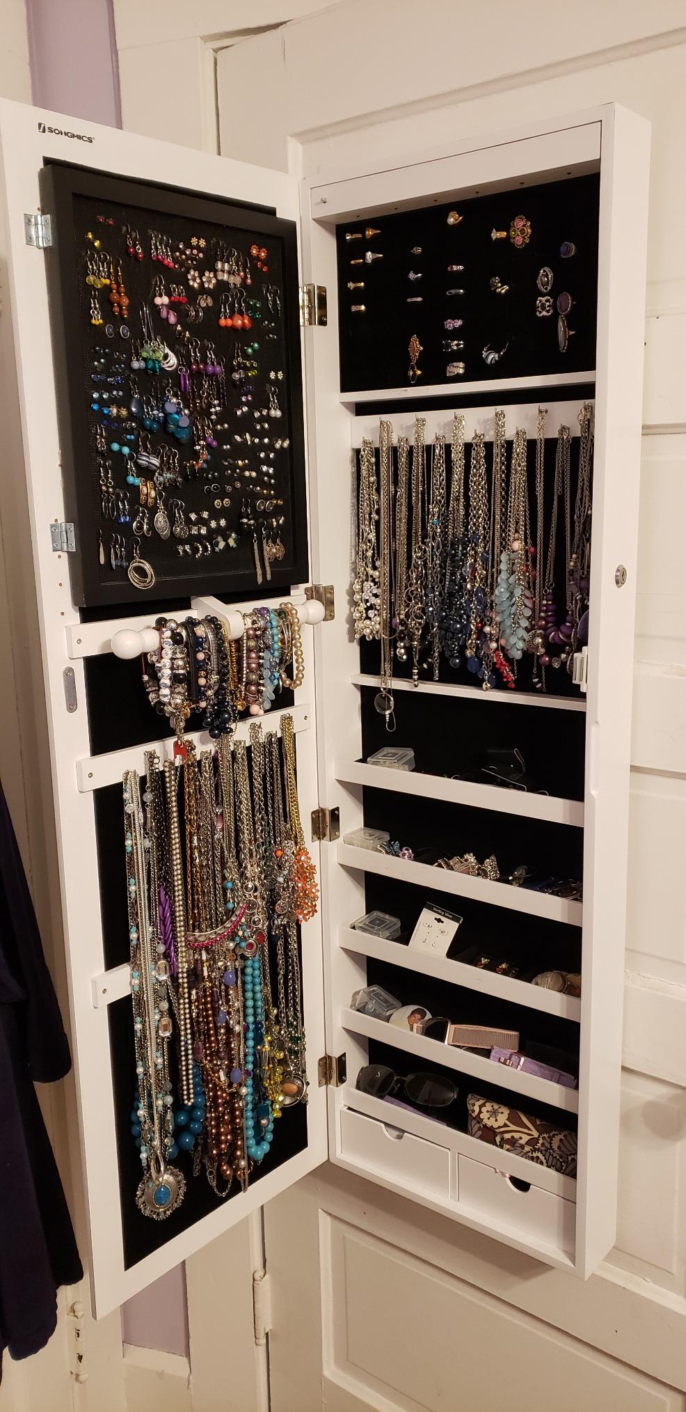 6 LEDs Jewelry Cabinet, Lockable Wall/Door Mounted Jewelry Armoire Organizer with Mirror and 2 Drawers - The Uplift Shop