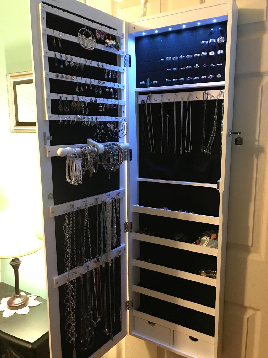 6 LEDs Jewelry Cabinet, Lockable Wall/Door Mounted Jewelry Armoire Organizer with Mirror and 2 Drawers - The Uplift Shop