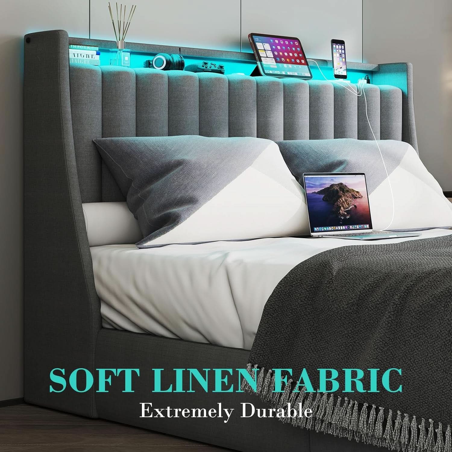 Queen Bed Frame With LED Lights And Storage Drawers - The Uplift Shop