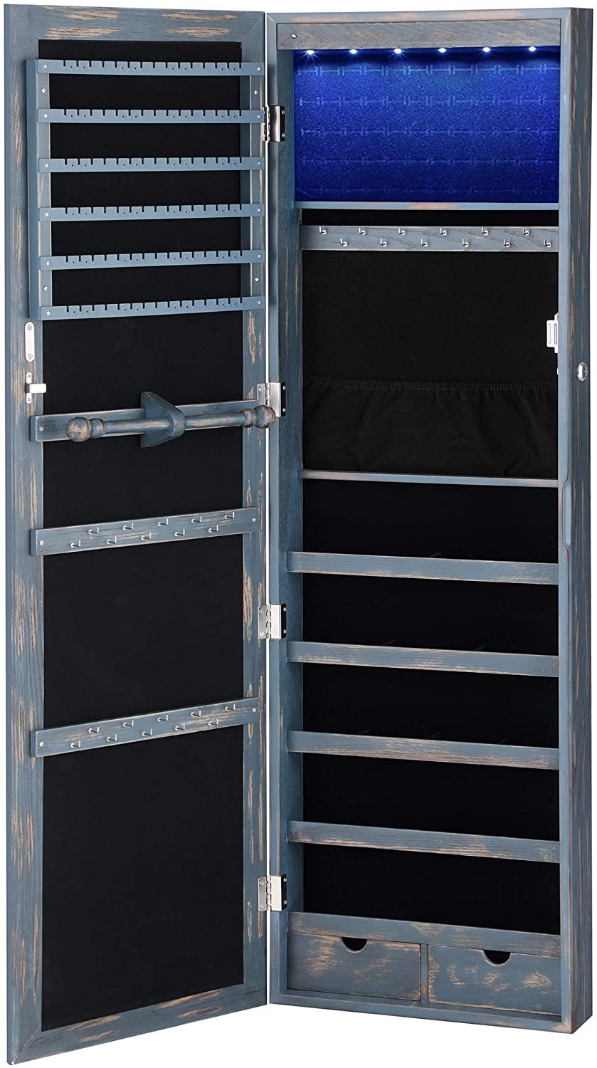 6 LEDs Jewelry Cabinet, Lockable Wall/Door Mounted Jewelry Armoire Organizer with Mirror and 2 Drawers - The Uplift Shop