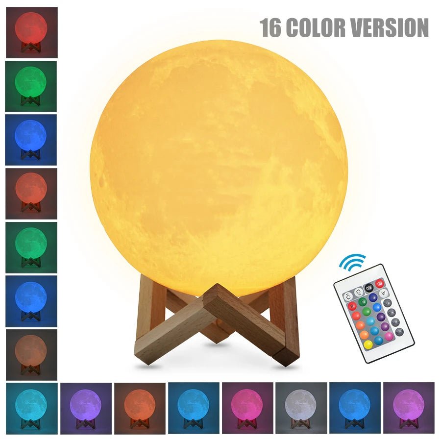 3D Moon Lamp – 16 - Color RGB LED Night Light with Touch Control & Wood Stand - The Uplift Shop