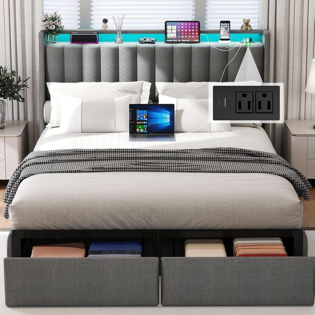 Queen Bed Frame With LED Lights And Storage Drawers - The Uplift Shop