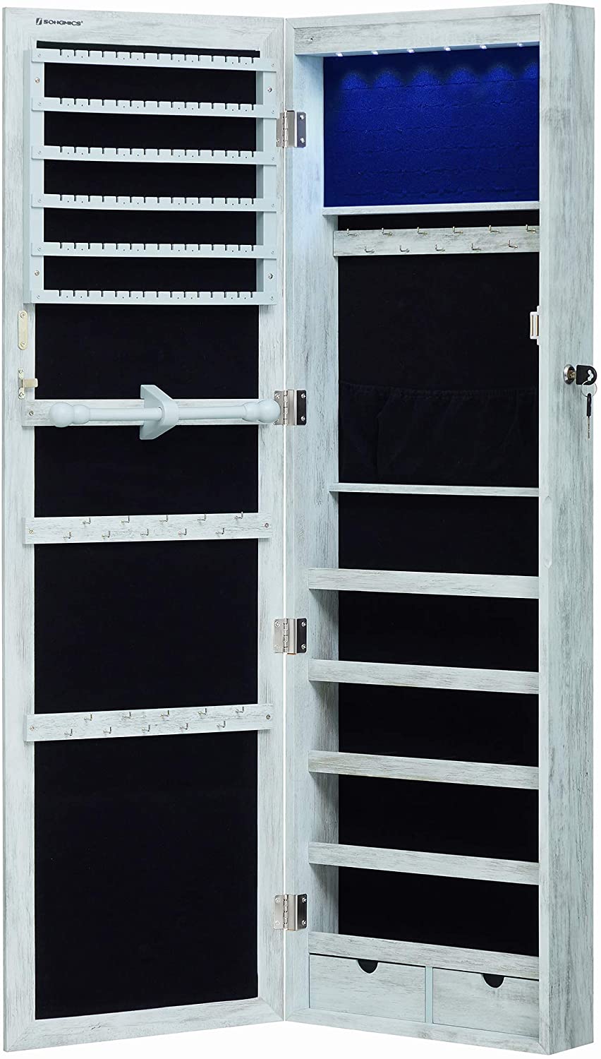 6 LEDs Jewelry Cabinet, Lockable Wall/Door Mounted Jewelry Armoire Organizer with Mirror and 2 Drawers - The Uplift Shop