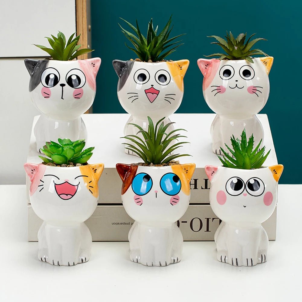 Cute Cat Ceramic Planter – Cartoon Animal Succulent Pot for Desk & Home Decor - The Uplift Shop