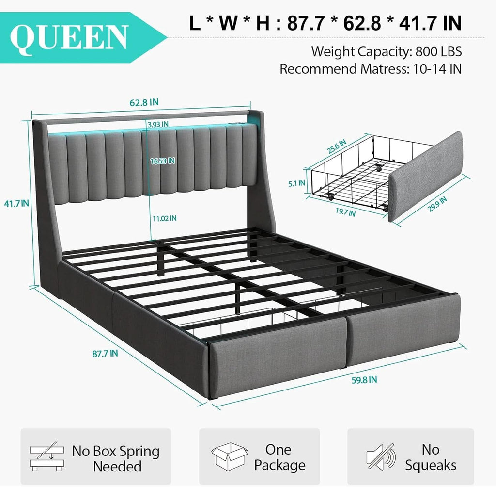Queen Bed Frame With LED Lights And Storage Drawers - The Uplift Shop