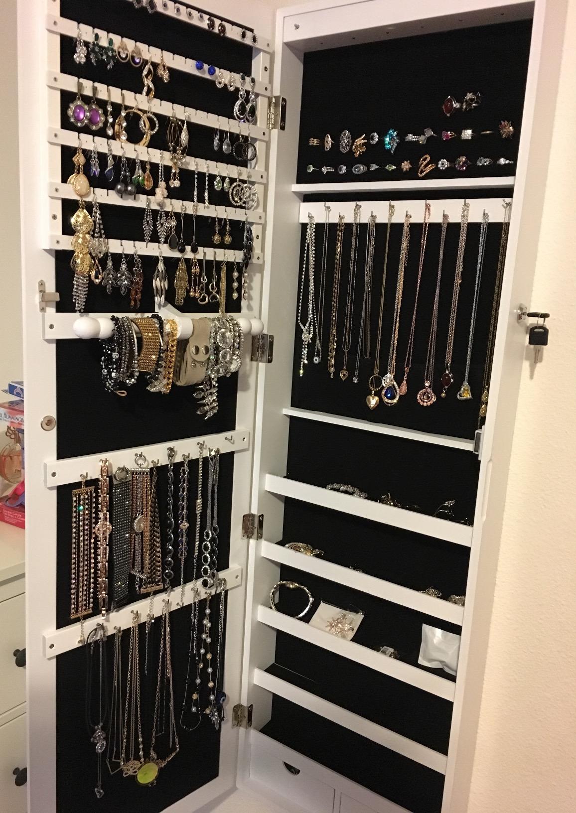6 LEDs Jewelry Cabinet, Lockable Wall/Door Mounted Jewelry Armoire Organizer with Mirror and 2 Drawers - The Uplift Shop