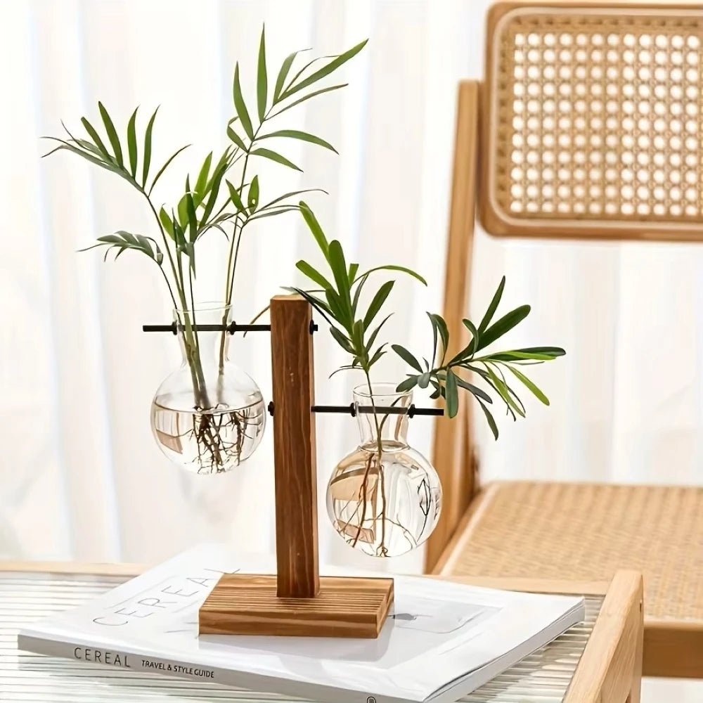 Glass Hydroponic Planter with Wooden Stand – Propagation Vase Set - The Uplift Shop