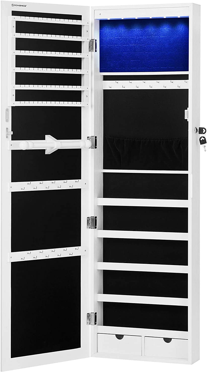 6 LEDs Jewelry Cabinet, Lockable Wall/Door Mounted Jewelry Armoire Organizer with Mirror and 2 Drawers - The Uplift Shop