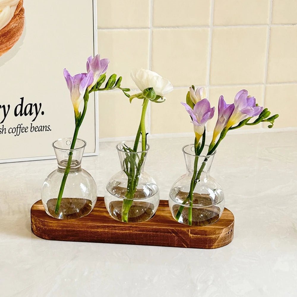 Glass Plant Terrarium with Wooden Tray – Hydroponic Propagation Vase Set - The Uplift Shop