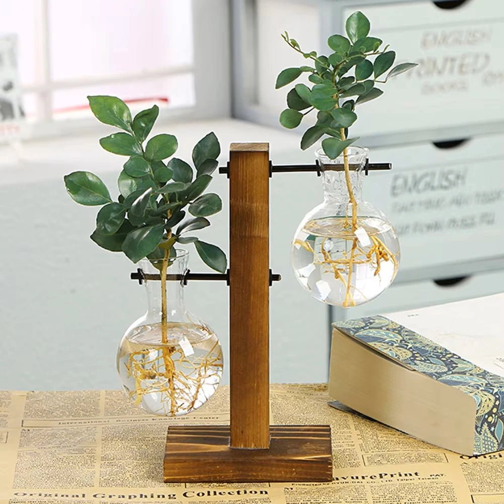 Glass Hydroponic Planter with Wooden Stand – Propagation Vase Set - The Uplift Shop
