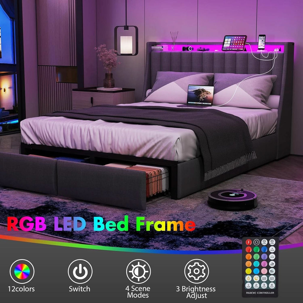Queen Bed Frame With LED Lights And Storage Drawers - The Uplift Shop