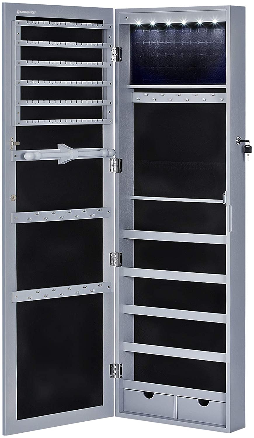 6 LEDs Jewelry Cabinet, Lockable Wall/Door Mounted Jewelry Armoire Organizer with Mirror and 2 Drawers - The Uplift Shop