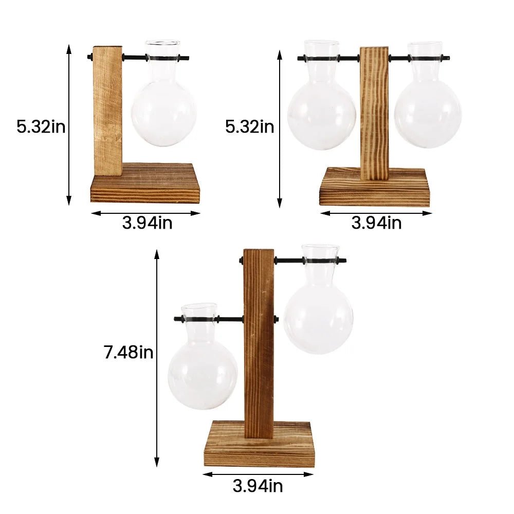 Glass Hydroponic Planter with Wooden Stand – Propagation Vase Set - The Uplift Shop
