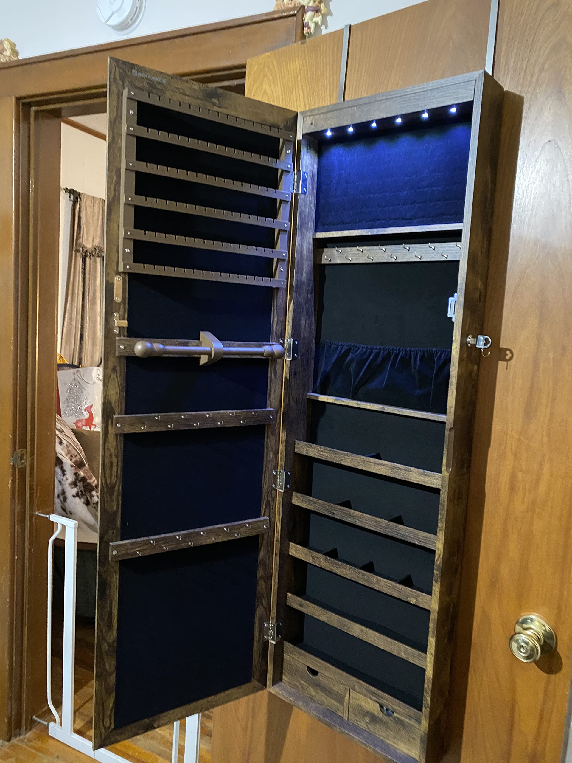 6 LEDs Jewelry Cabinet, Lockable Wall/Door Mounted Jewelry Armoire Organizer with Mirror and 2 Drawers - The Uplift Shop