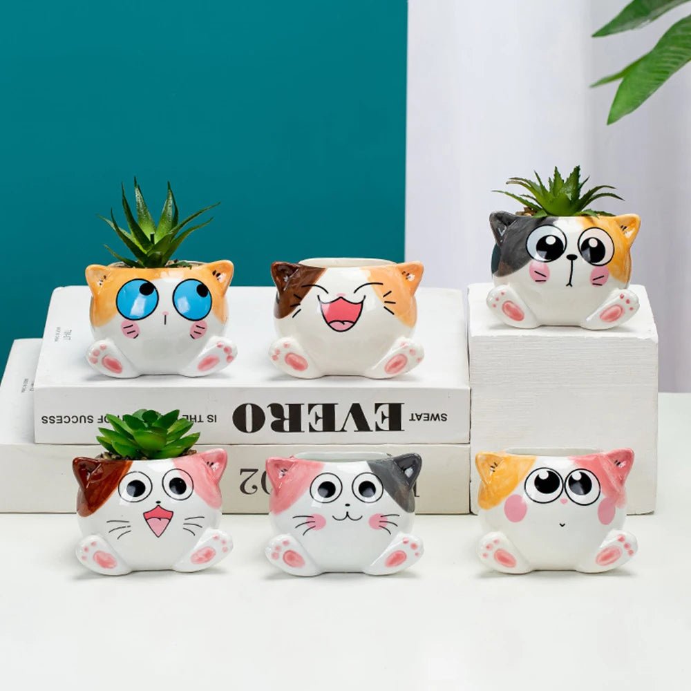 Cute Cat Ceramic Planter – Cartoon Animal Succulent Pot for Desk & Home Decor - The Uplift Shop