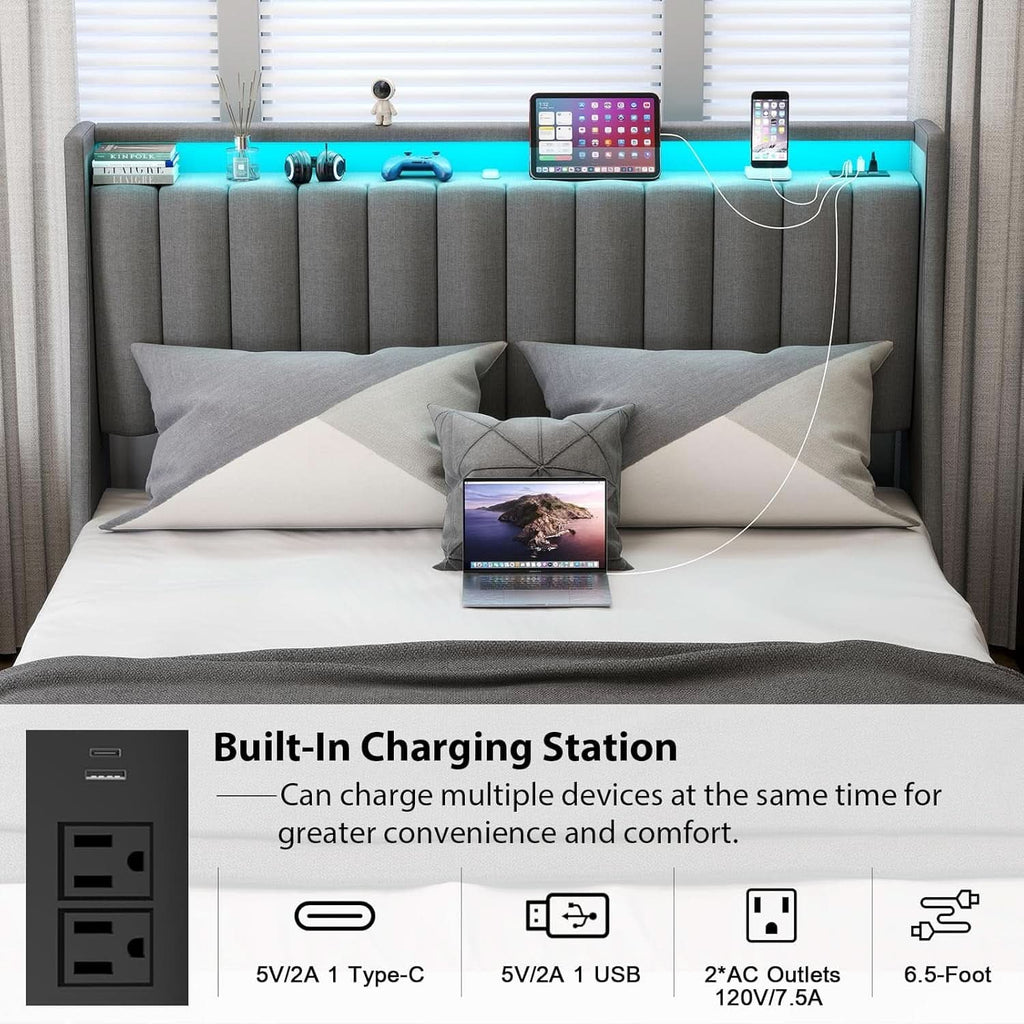 Queen Bed Frame With LED Lights And Storage Drawers - The Uplift Shop