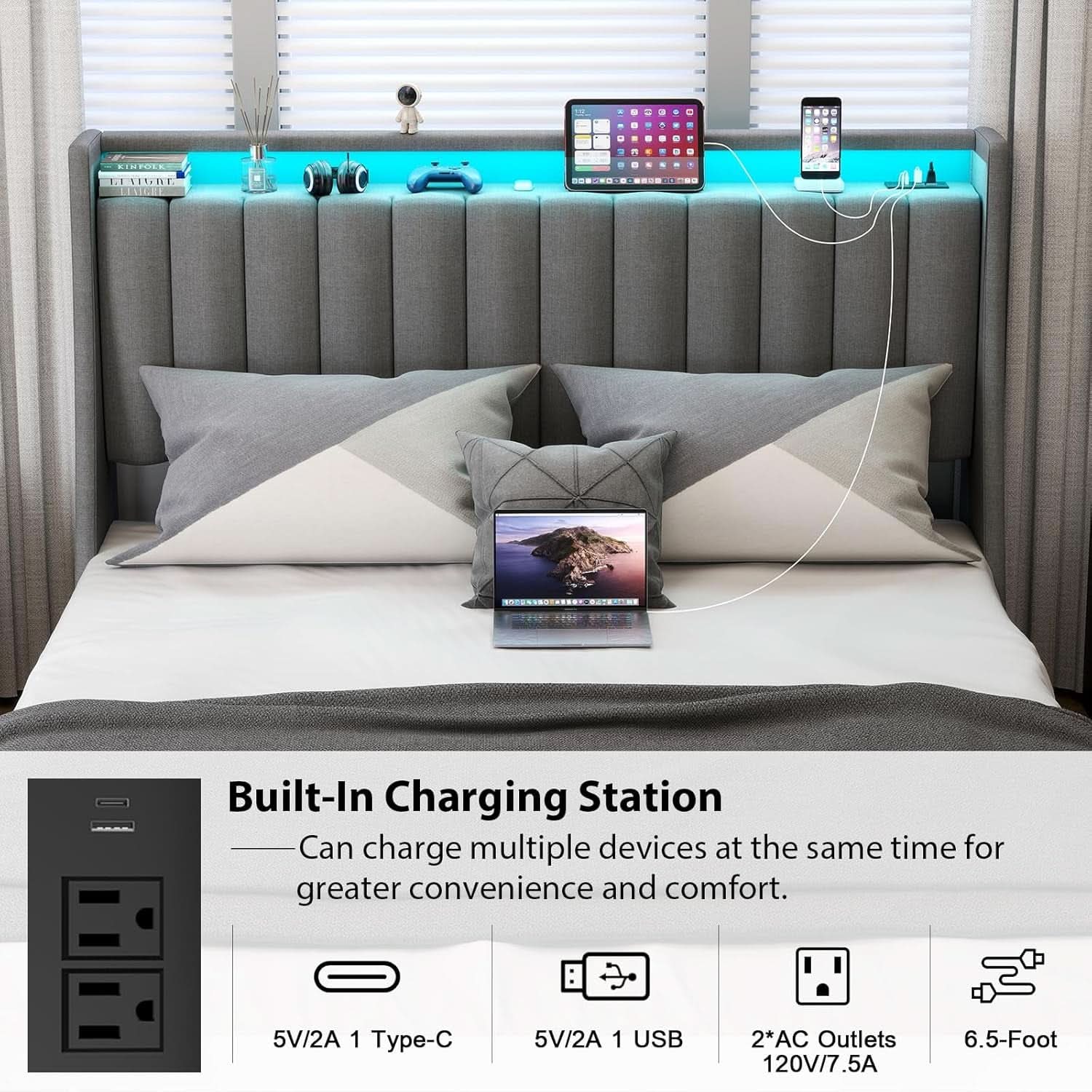 Queen Bed Frame With LED Lights And Storage Drawers - The Uplift Shop