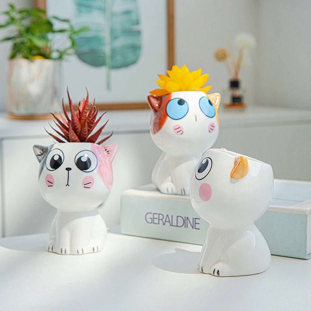 Cute Cat Ceramic Planter – Cartoon Animal Succulent Pot for Desk & Home Decor - The Uplift Shop